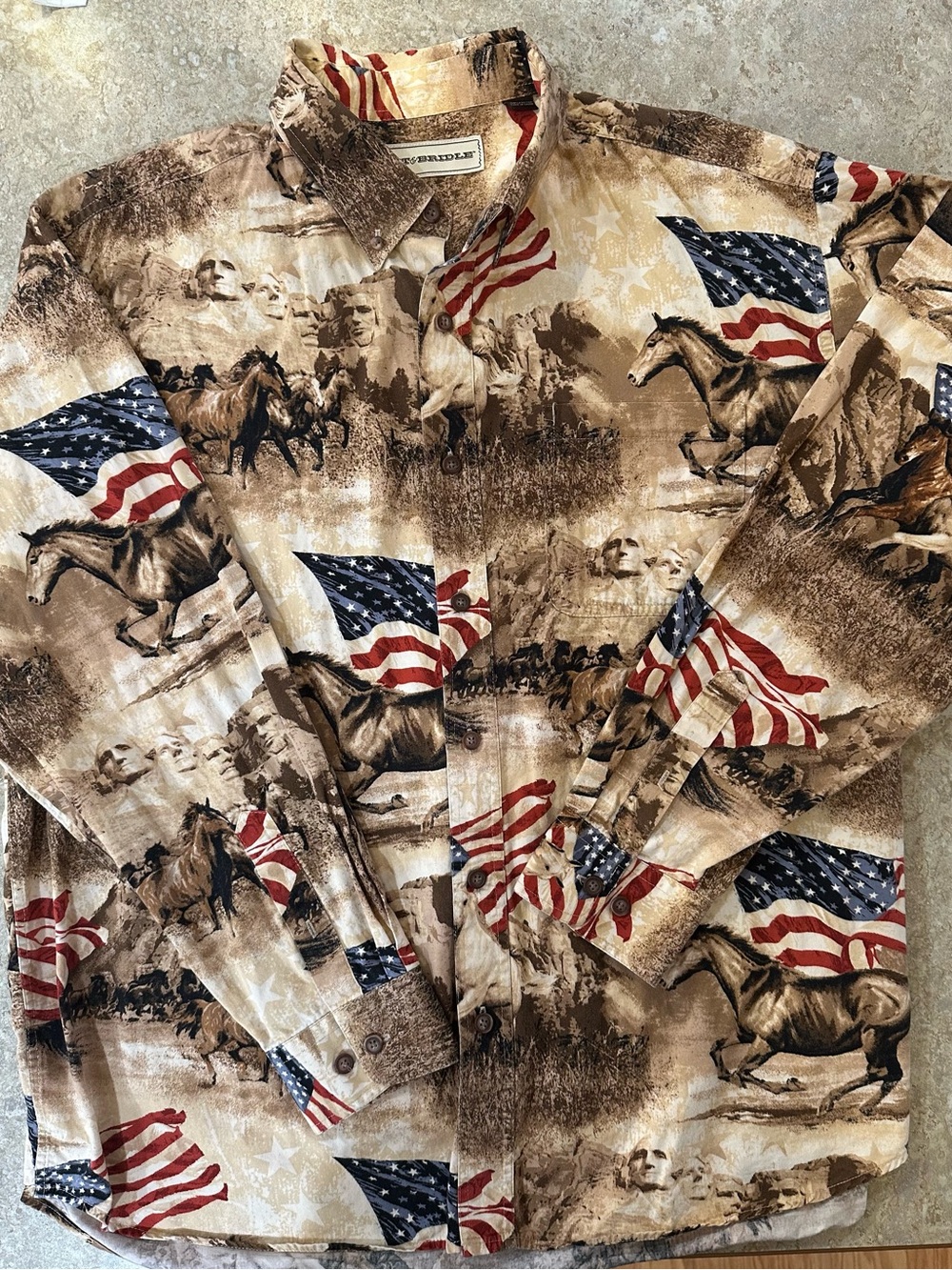 Vintage Bit and Bridle Horse & American Flag Button-Up Shirt